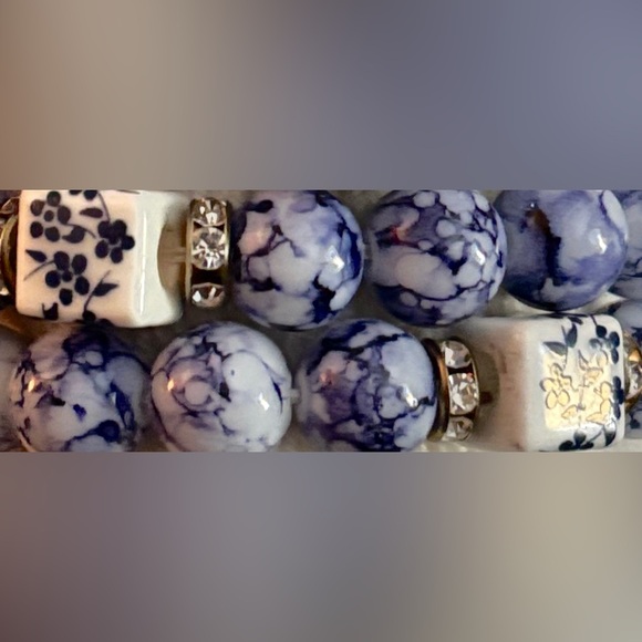 3 Bracelets w/ Ceramic Blue Floral Cubes & Blue Spot Jasper Beads NEW Retail$125 - Picture 3 of 8